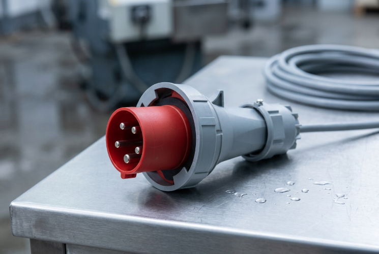 Red five-pin Waterproof Industrial Plug with a grey housing and coiled cable on a wet stainless steel workbench.
